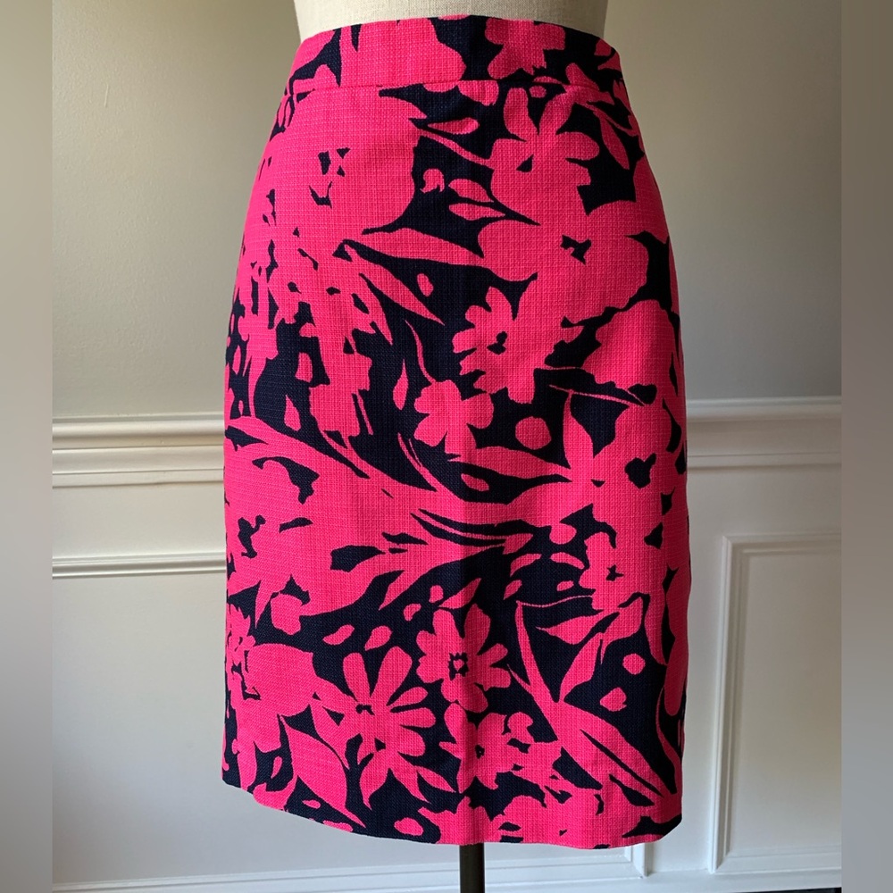 J Crew Pink and Navy Patterned Pencil Skirt